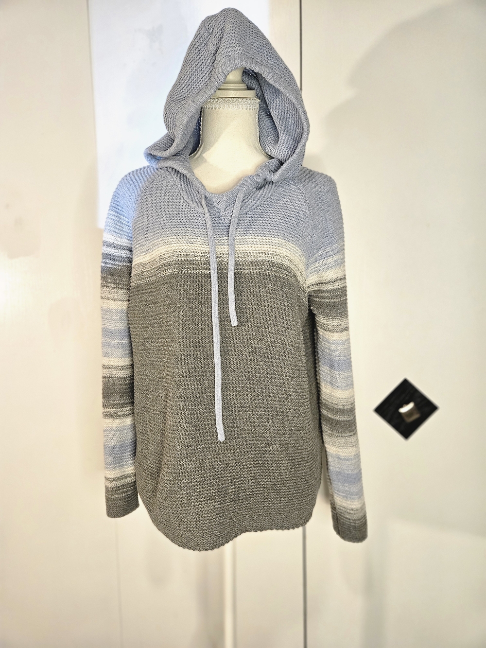 J. Jill Blue and Gray Striped Hooded Knit Pullover